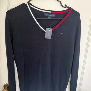 Tommy Hilfiger Navy V-Neck Sweater with Red & White Trim